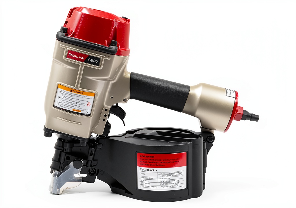 Installer using Reilyn CN70 coil siding nailer on a vinyl siding wall