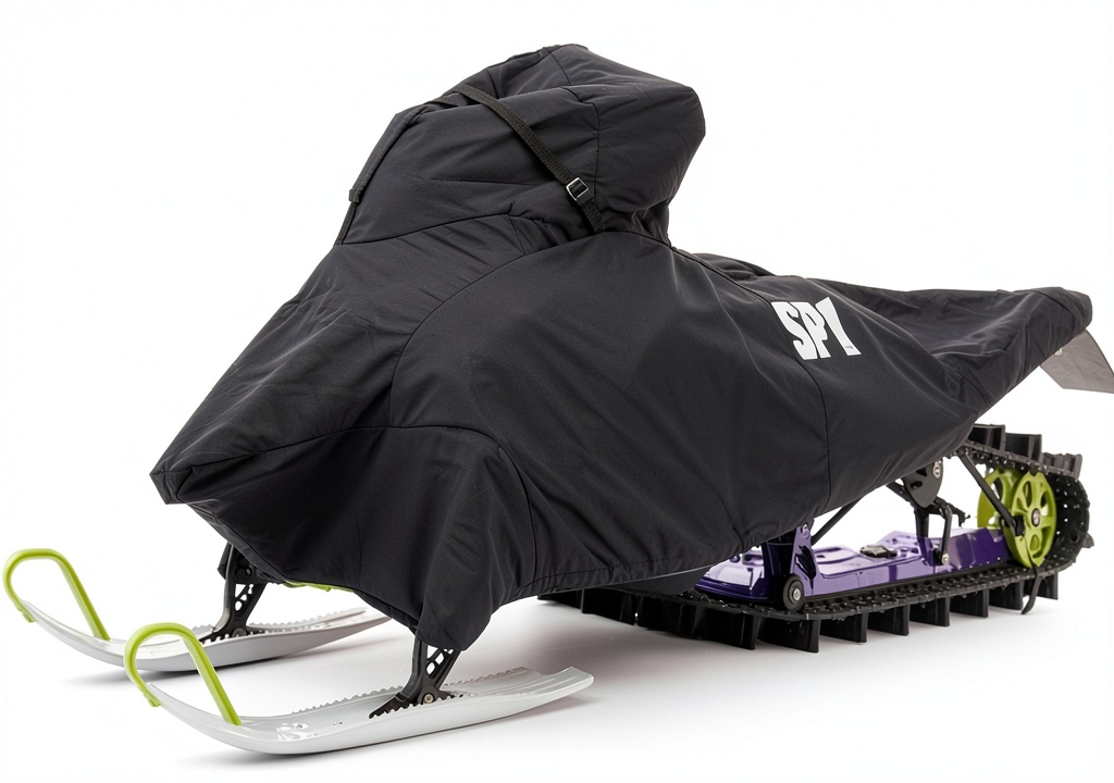 Snowmobile covered with PWC Engine cover in a snowy landscape