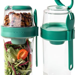 Tasty Salad Shakers with Sporks, Bring Salads and Snacks to Go, All-In-One Container, Convenient Carry Handle, Separate Compartments, 2-Pack Set, Aqua-0