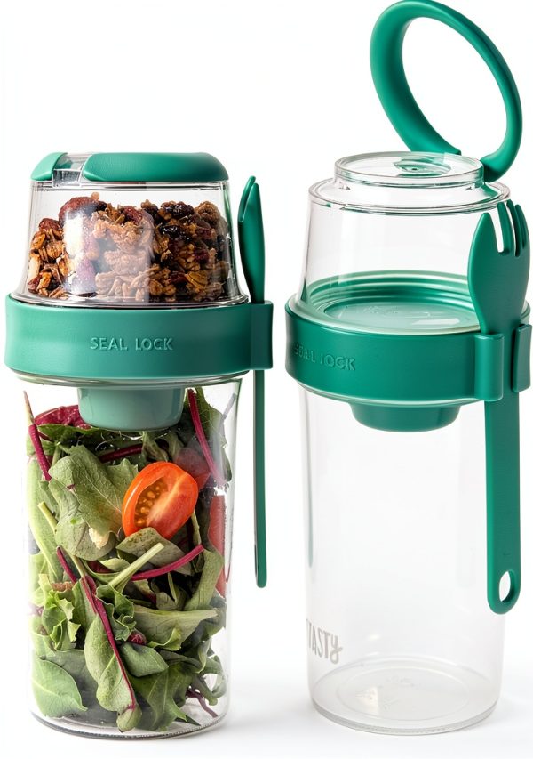 Tasty Salad Shakers with Sporks, Bring Salads and Snacks to Go, All-In-One Container, Convenient Carry Handle, Separate Compartments, 2-Pack Set, Aqua-0