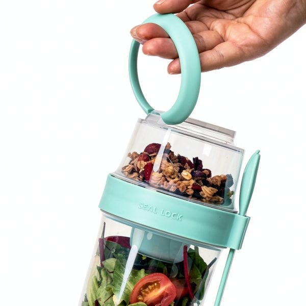 Tasty Salad Shakers with Sporks, Bring Salads and Snacks to Go, All-In-One Container, Convenient Carry Handle, Separate Compartments, 2-Pack Set, Aqua-4
