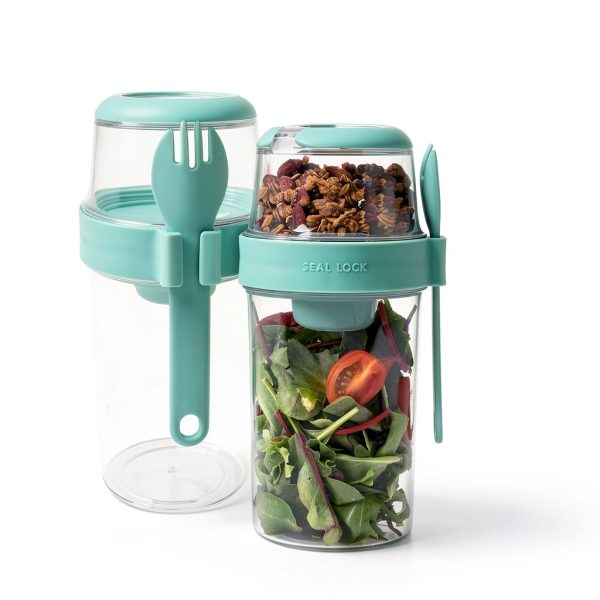 Tasty Salad Shakers with Sporks, Bring Salads and Snacks to Go, All-In-One Container, Convenient Carry Handle, Separate Compartments, 2-Pack Set, Aqua-5