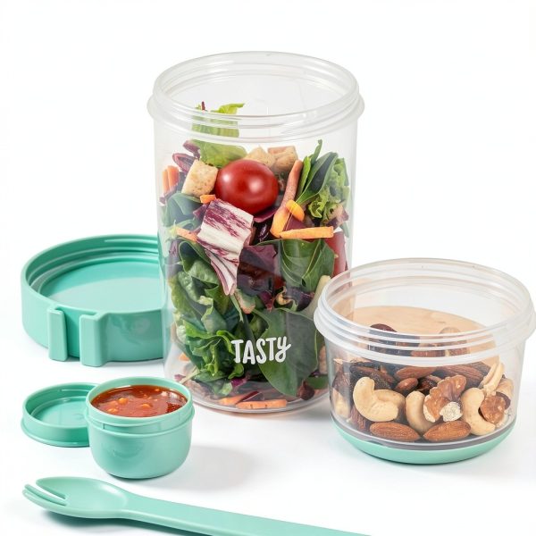 Tasty Salad Shakers with Sporks, Bring Salads and Snacks to Go, All-In-One Container, Convenient Carry Handle, Separate Compartments, 2-Pack Set, Aqua-2