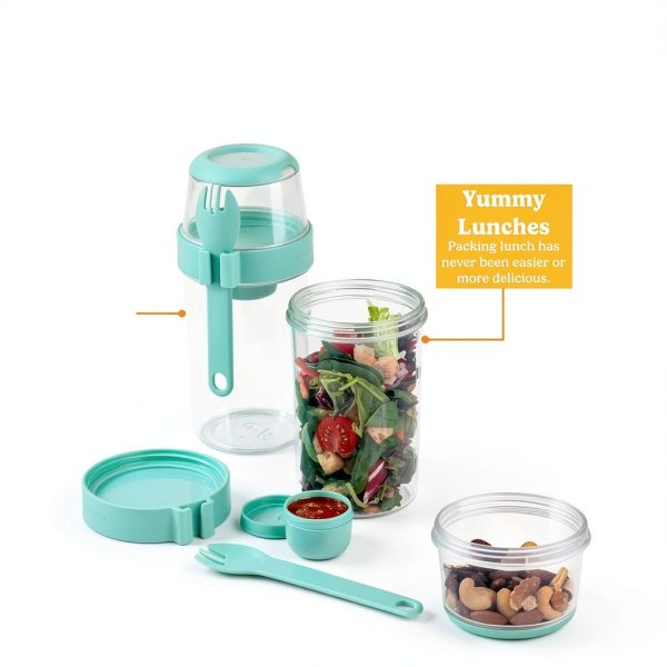 Tasty Salad Shakers with Sporks, Bring Salads and Snacks to Go, All-In-One Container, Convenient Carry Handle, Separate Compartments, 2-Pack Set, Aqua-1