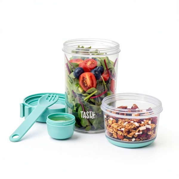 Tasty Salad Shakers with Sporks, Bring Salads and Snacks to Go, All-In-One Container, Convenient Carry Handle, Separate Compartments, 2-Pack Set, Aqua-3