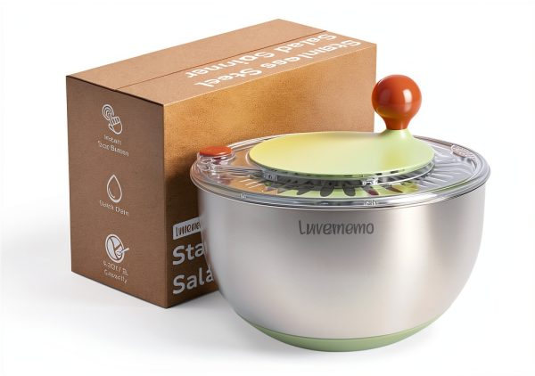 Stainless Steel Salad Spinner, Lettuce Spinner with Drain, Non-Slip Base, Stop Button, Vegetable Dryer, BPA Free, 5.3 Qt-7