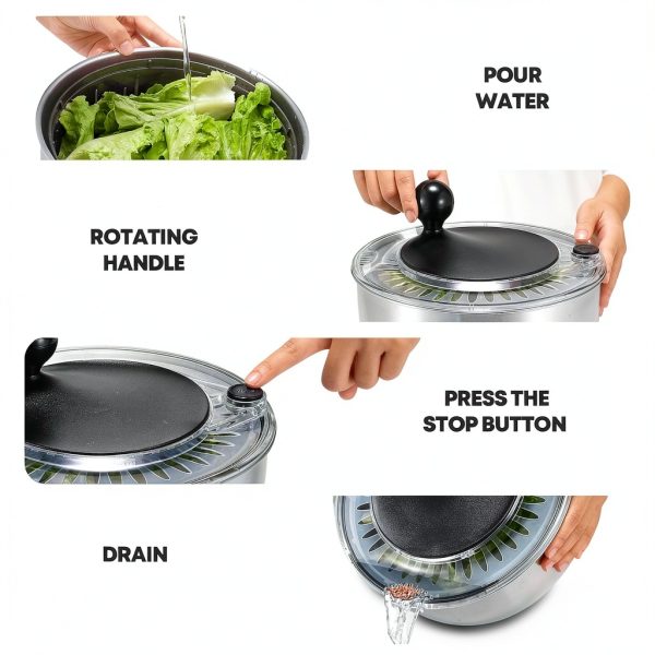 5.3Qt Stainless Steel Salad Spinner with Stop Button, BPA-Free Vegetable Lettuce Spinner, Transparent Lid & Drainage Hole, Non-Slip Base, Dishwasher Safe Fruit Washer-3