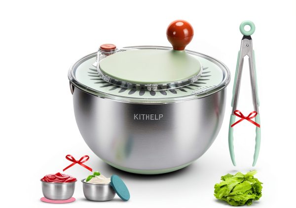 KITHELP Stainless Steel Salad Spinner Large, Vegetables Fruits Wash Bowl with Strainer, Lettuce Spinner Dryer for Efficient Salad Preparation 5.3Qt-0