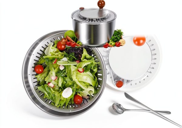 KITHELP Stainless Steel Salad Spinner Large, Vegetables Fruits Wash Bowl with Strainer, Lettuce Spinner Dryer for Efficient Salad Preparation 5.3Qt-1