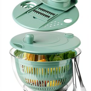 YUANYE Salad Spinner Large, 3 IN 1 Vegetable and Fruit Washing Bowl with Strainer, Lettuce Spinner with 5 Blades Slicer, Egg Yolk Strainer, Bowl for Efficient Salad Preparation, 5.3 Qt（Green）-0