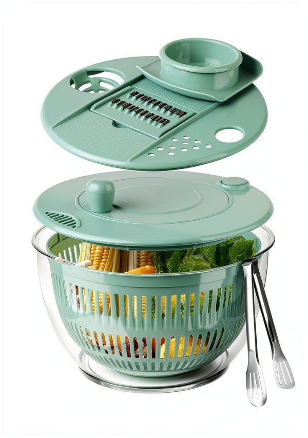 YUANYE Salad Spinner Large, 3 IN 1 Vegetable and Fruit Washing Bowl with Strainer, Lettuce Spinner with 5 Blades Slicer, Egg Yolk Strainer, Bowl for Efficient Salad Preparation, 5.3 Qt（Green）-0