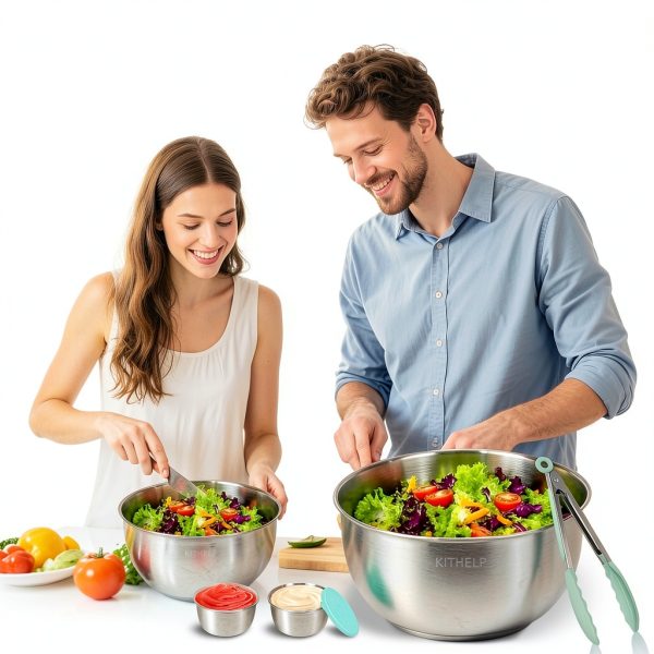 KITHELP Stainless Steel Salad Spinner Large, Vegetables Fruits Wash Bowl with Strainer, Lettuce Spinner Dryer for Efficient Salad Preparation 5.3Qt-2