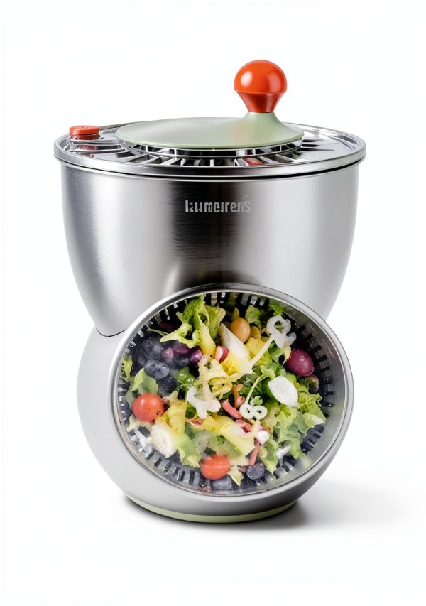 Stainless Steel Salad Spinner, Lettuce Spinner with Drain, Non-Slip Base, Stop Button, Vegetable Dryer, BPA Free, 5.3 Qt-1
