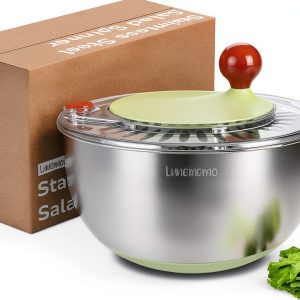 Stainless Steel Salad Spinner, Lettuce Spinner with Drain, Non-Slip Base, Stop Button, Vegetable Dryer, BPA Free, 5.3 Qt-0