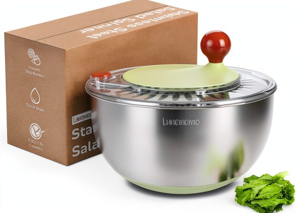 Stainless Steel Salad Spinner, Lettuce Spinner with Drain, Non-Slip Base, Stop Button, Vegetable Dryer, BPA Free, 5.3 Qt-0